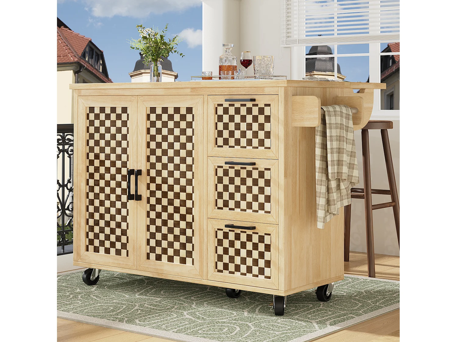 Ilot central de cuisine mobile - Plateau extensible - 120x45x92cm - 2 portes - avec porte-serviettes - MDF - décoration en treillis - Naturel