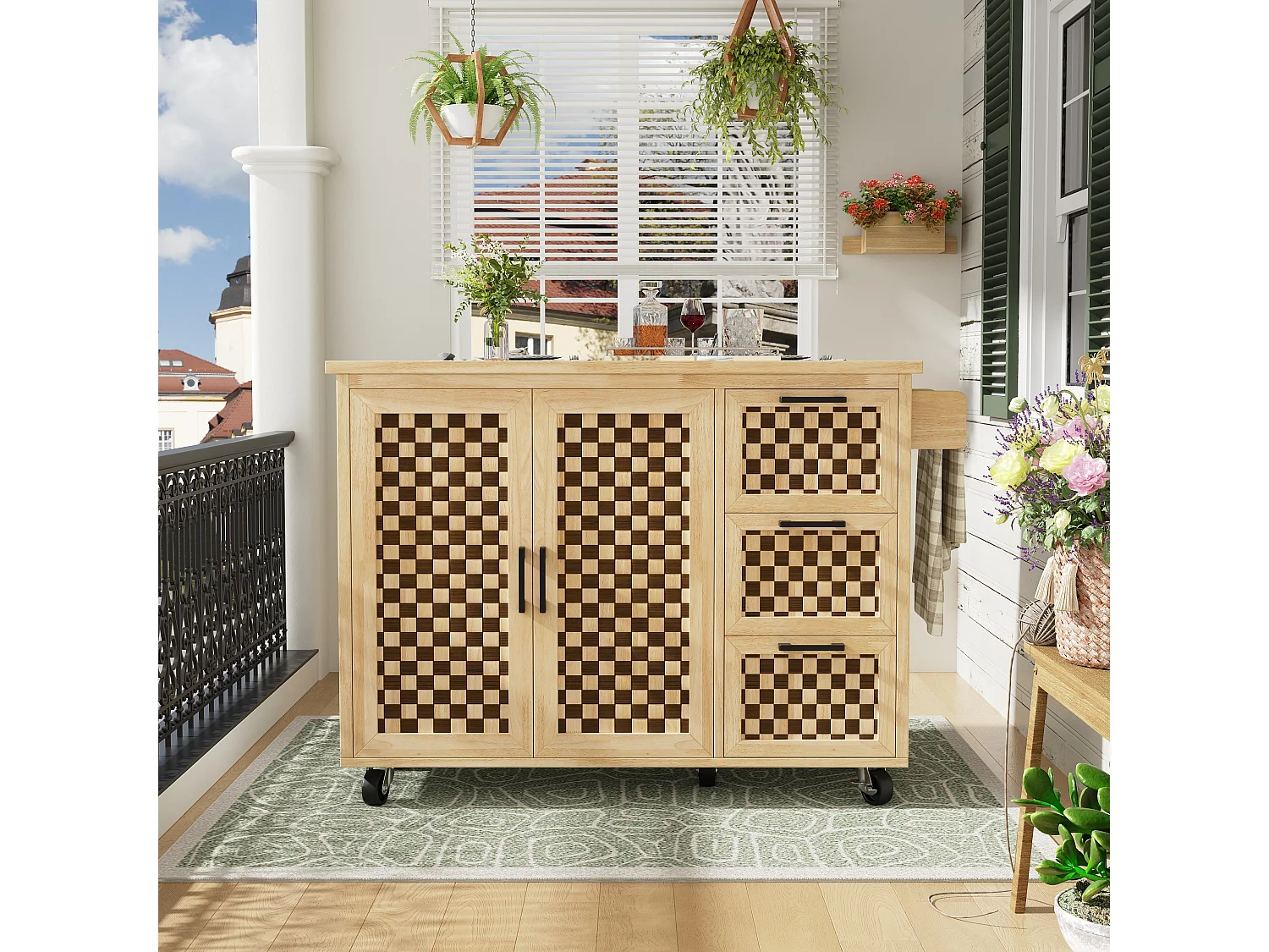 Ilot central de cuisine mobile - Plateau extensible - 120x45x92cm - 2 portes - avec porte-serviettes - MDF - décoration en treillis - Naturel