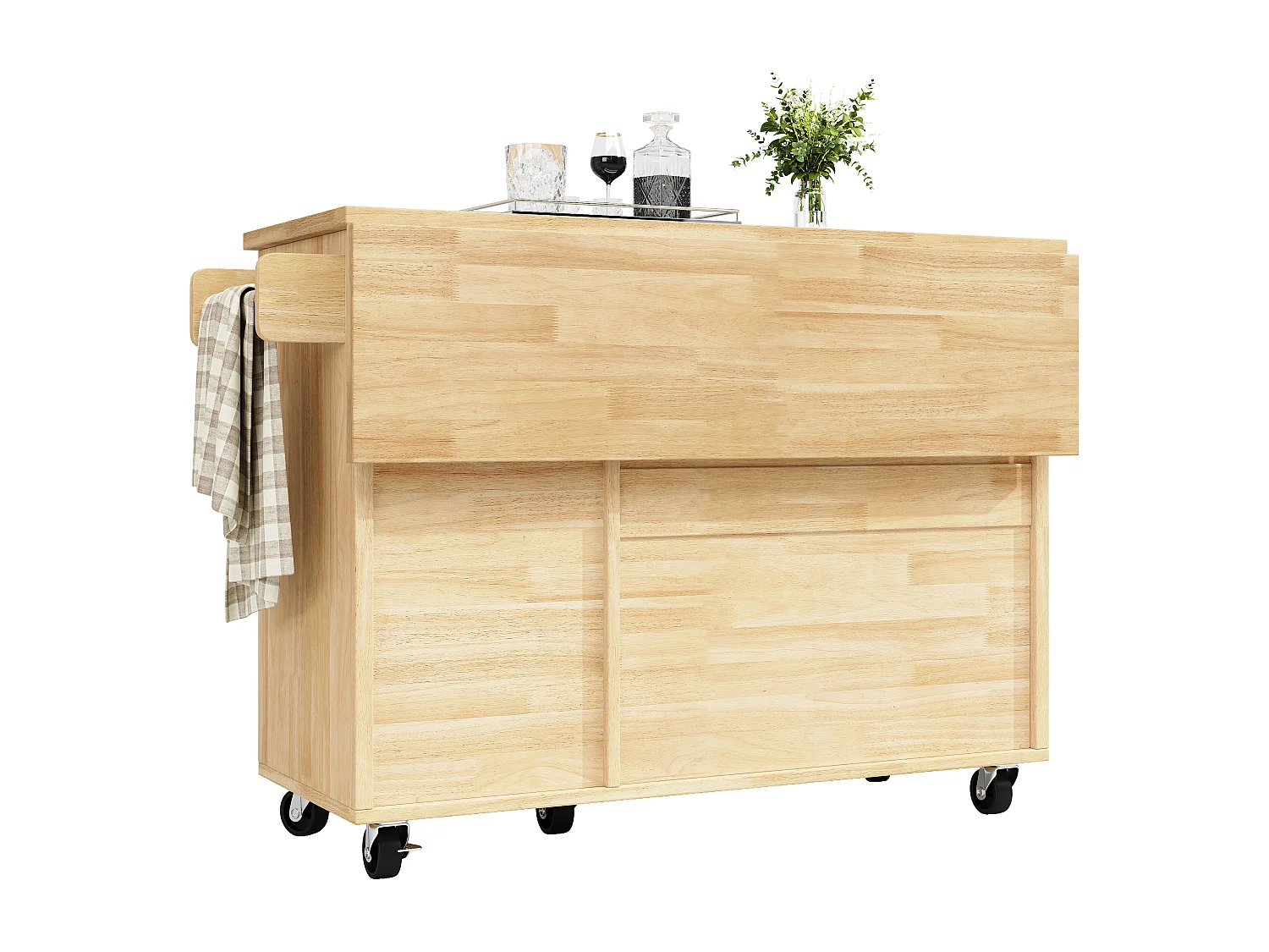 Ilot central de cuisine mobile - Plateau extensible - 120x45x92cm - 2 portes - avec porte-serviettes - MDF - décoration en treillis - Naturel