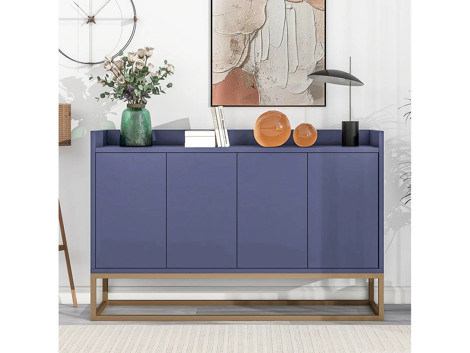 Dressoir, modern minimalistisch dressoir met 4 deuren en metalen frame voor eetkamer, woonkamer, keuken, blauw
