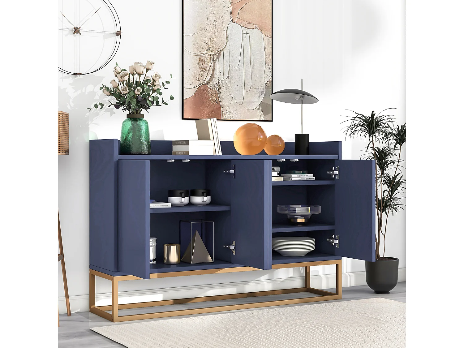 Dressoir, modern minimalistisch dressoir met 4 deuren en metalen frame voor eetkamer, woonkamer, keuken, blauw