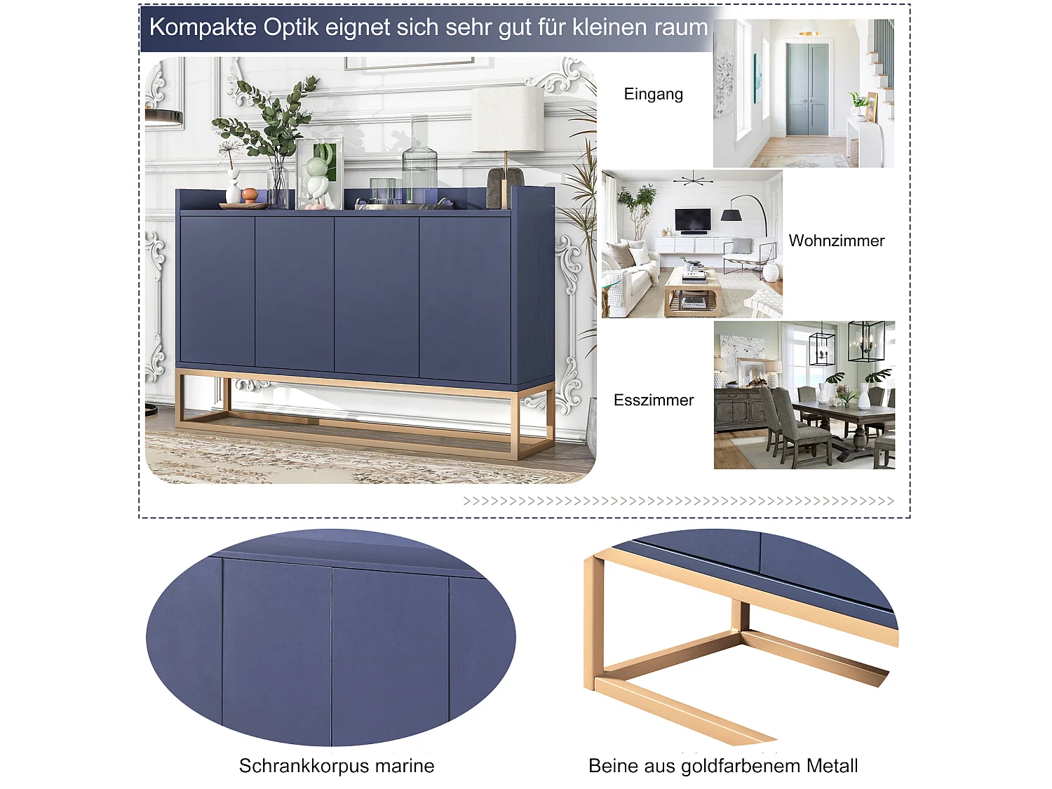 Dressoir, modern minimalistisch dressoir met 4 deuren en metalen frame voor eetkamer, woonkamer, keuken, blauw