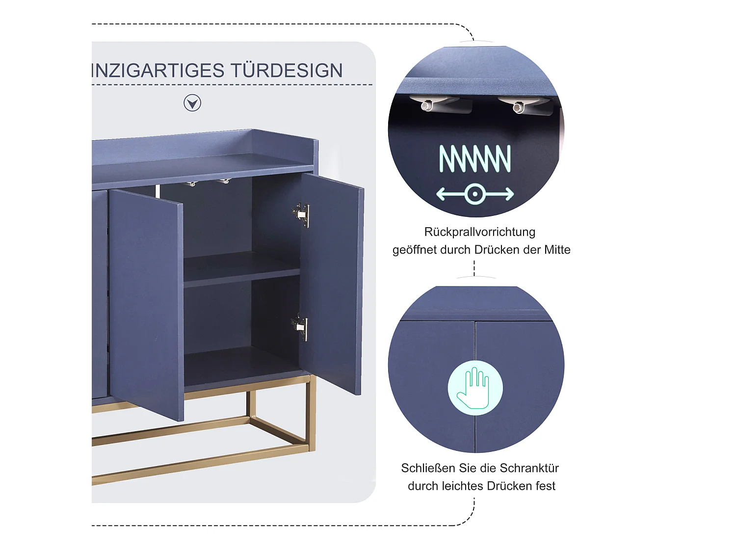 Dressoir, modern minimalistisch dressoir met 4 deuren en metalen frame voor eetkamer, woonkamer, keuken, blauw