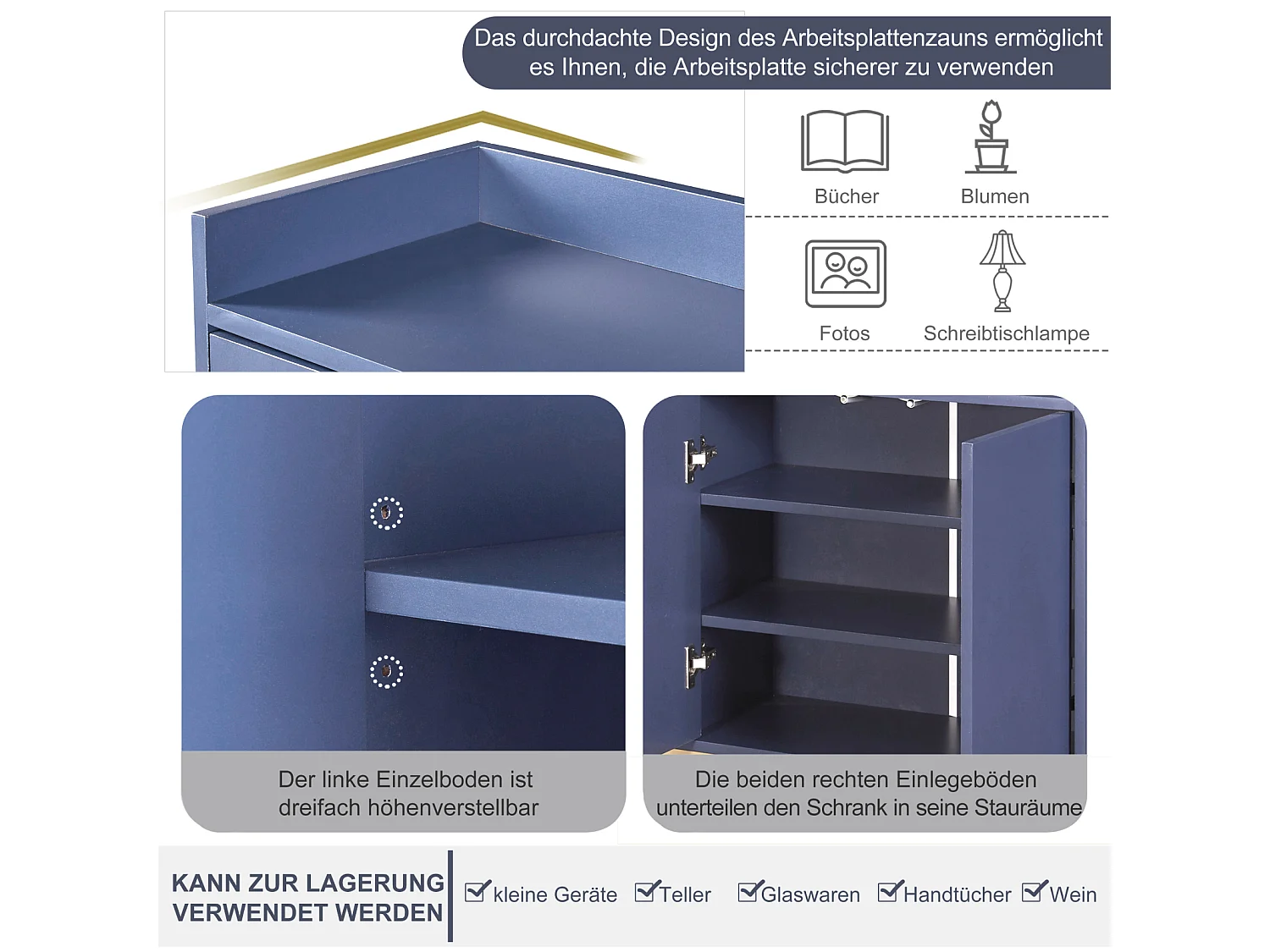 Dressoir, modern minimalistisch dressoir met 4 deuren en metalen frame voor eetkamer, woonkamer, keuken, blauw