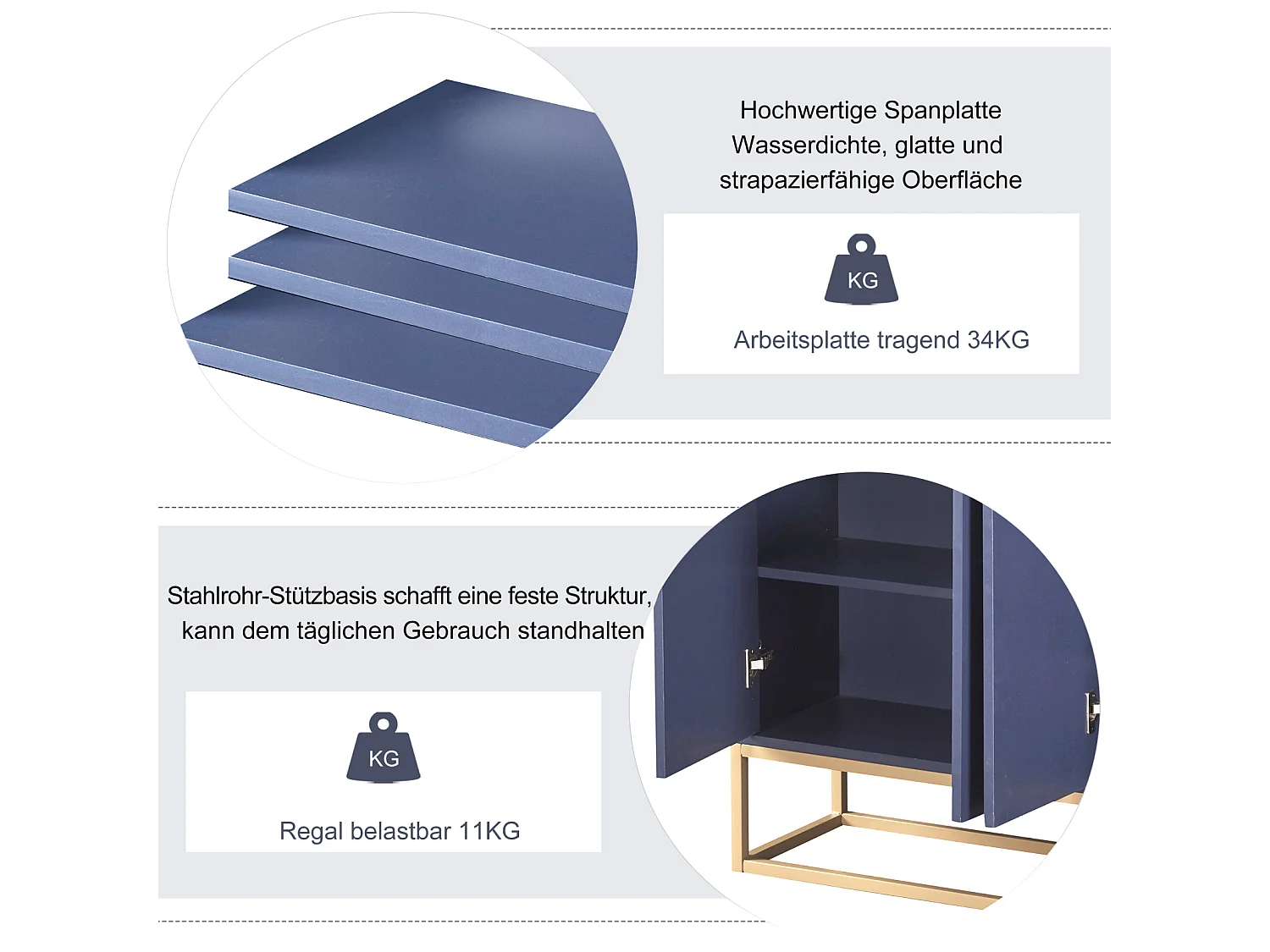 Dressoir, modern minimalistisch dressoir met 4 deuren en metalen frame voor eetkamer, woonkamer, keuken, blauw