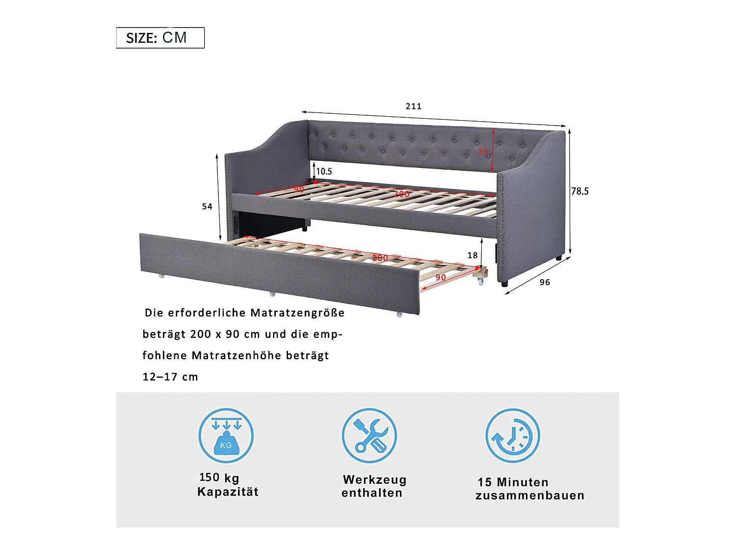 Canapé lit Convertible 90/180 x 200 cm, Canape lit 2 Places gigogne Bed avec sommier à Lattes, Multifonctionnel Cadre de Bed Rembourré 2 Personnes en Velours,gris