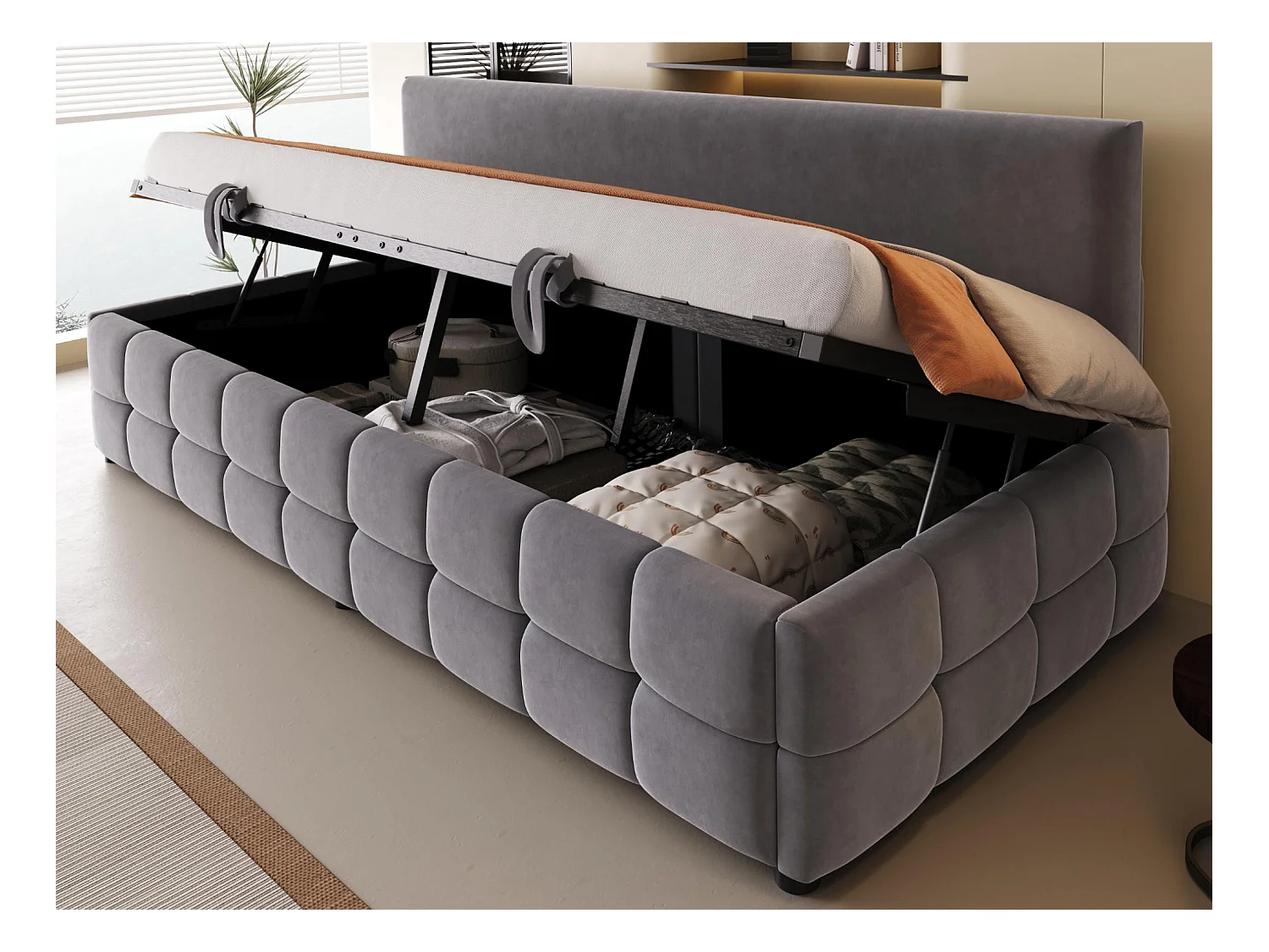 Schlafsofa mit Kasten 90x200 cm - Rückenlehne ohne Armlehnen - Samt - Dunkelgrau (Matratze nicht im Lieferumfang)