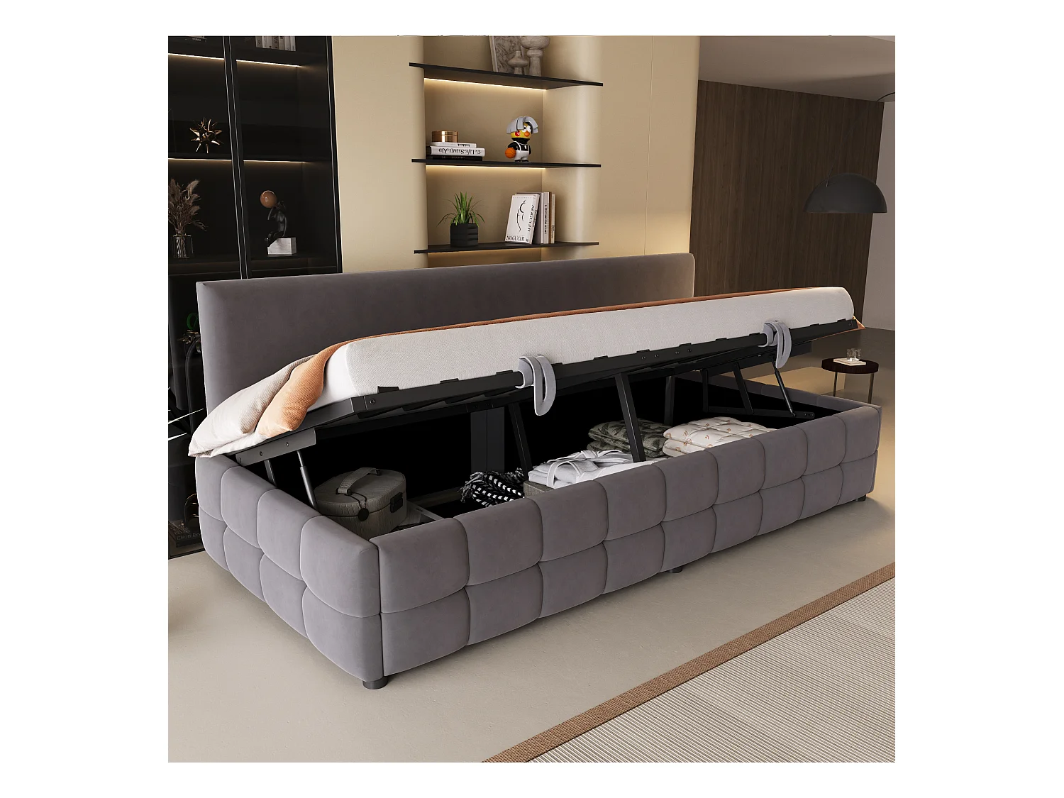 Schlafsofa mit Kasten 90x200 cm - Rückenlehne ohne Armlehnen - Samt - Dunkelgrau (Matratze nicht im Lieferumfang)