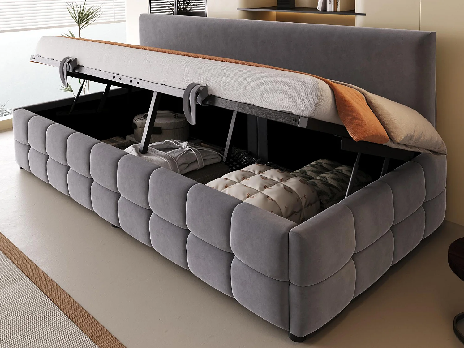 Divano letto con contenitore 90x200 cm - Schienale senza braccioli - Velluto - Grigio scuro (materasso non incluso)