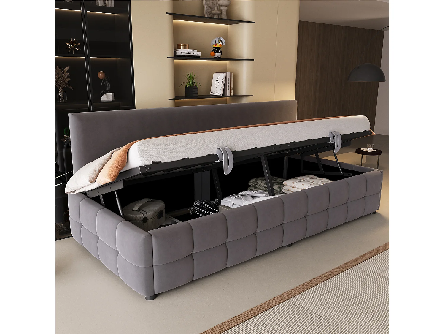 Divano letto con contenitore 90x200 cm - Schienale senza braccioli - Velluto - Grigio scuro (materasso non incluso)