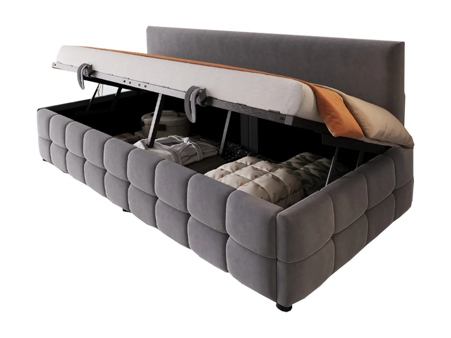 Divano letto con contenitore 90x200 cm - Schienale senza braccioli - Velluto - Grigio scuro (materasso non incluso)