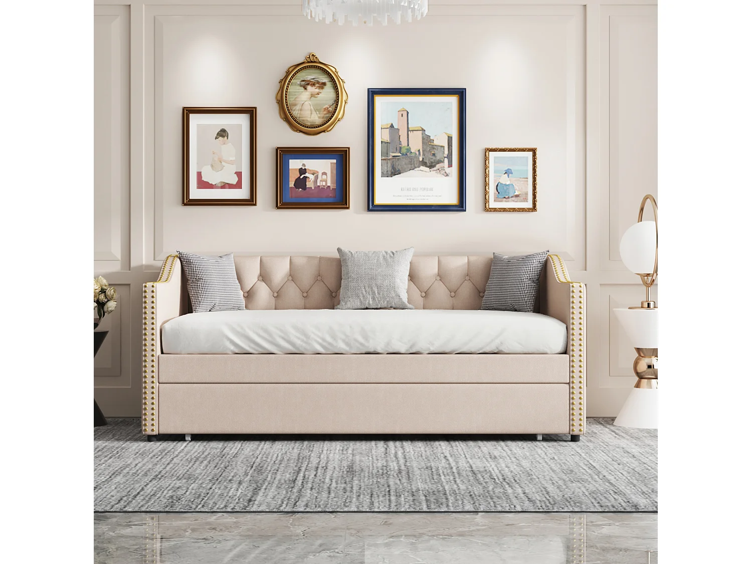 Uitschuifbare slaapbank 90/180 x 200 cm - Fluweel - Beige - Uitschuifbare slaapbank voor 2 personen - met lattenbodem - Gestoffeerd bedframe voor 2 personen