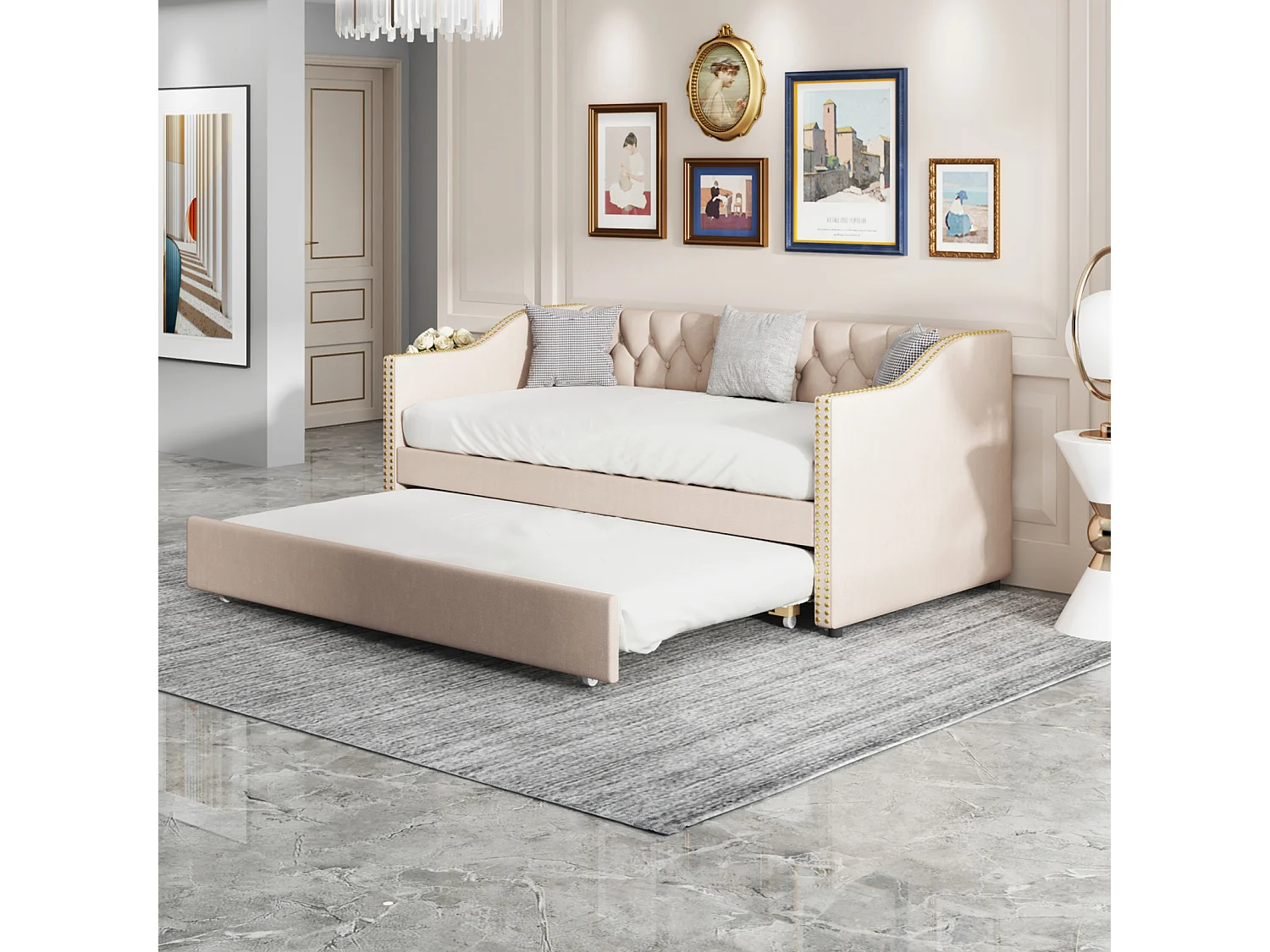 Uitschuifbare slaapbank 90/180 x 200 cm - Fluweel - Beige - Uitschuifbare slaapbank voor 2 personen - met lattenbodem - Gestoffeerd bedframe voor 2 personen