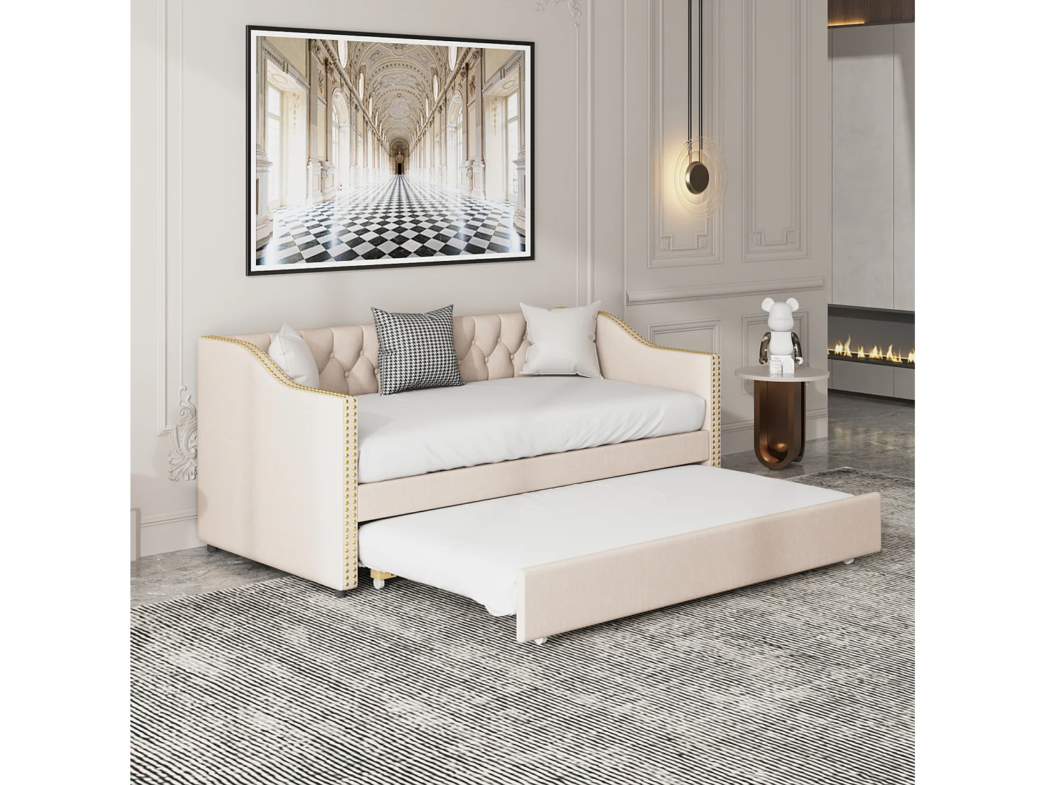 Uitschuifbare slaapbank 90/180 x 200 cm - Fluweel - Beige - Uitschuifbare slaapbank voor 2 personen - met lattenbodem - Gestoffeerd bedframe voor 2 personen