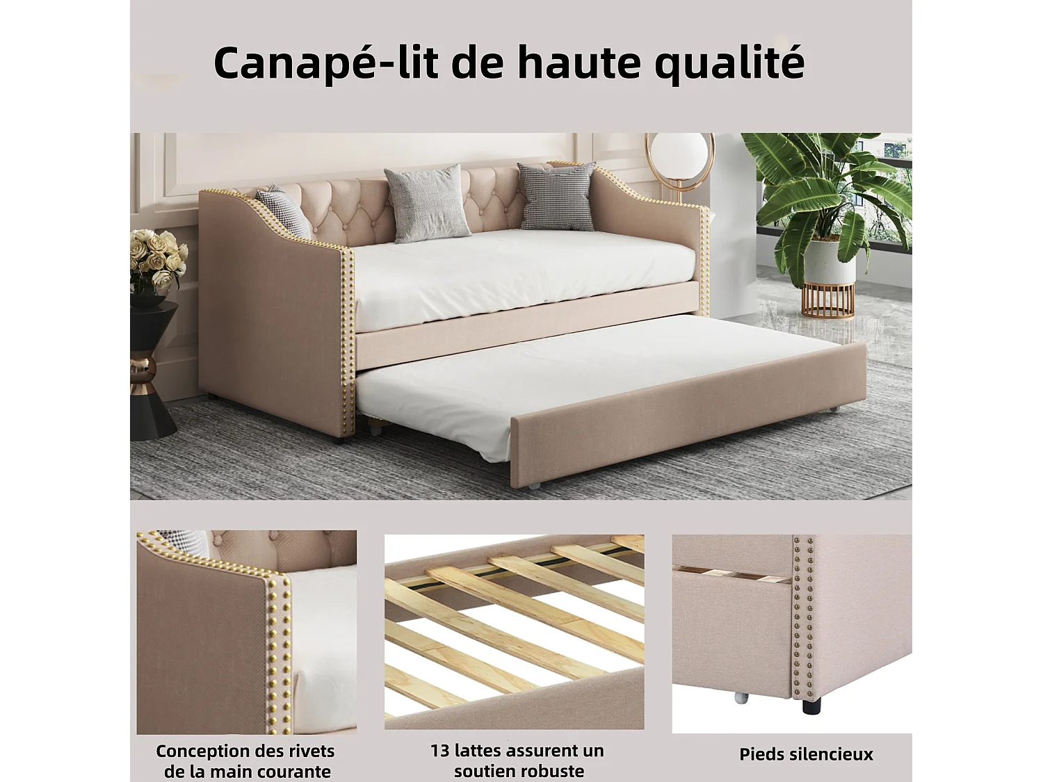 Uitschuifbare slaapbank 90/180 x 200 cm - Fluweel - Beige - Uitschuifbare slaapbank voor 2 personen - met lattenbodem - Gestoffeerd bedframe voor 2 personen