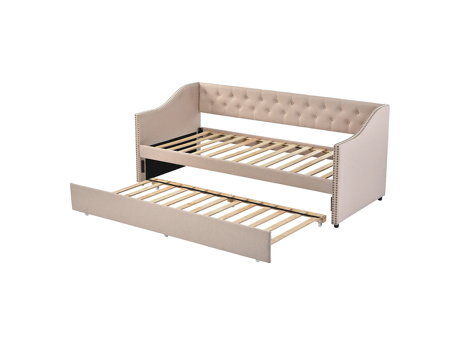 Uitschuifbare slaapbank 90/180 x 200 cm - Fluweel - Beige - Uitschuifbare slaapbank voor 2 personen - met lattenbodem - Gestoffeerd bedframe voor 2 personen
