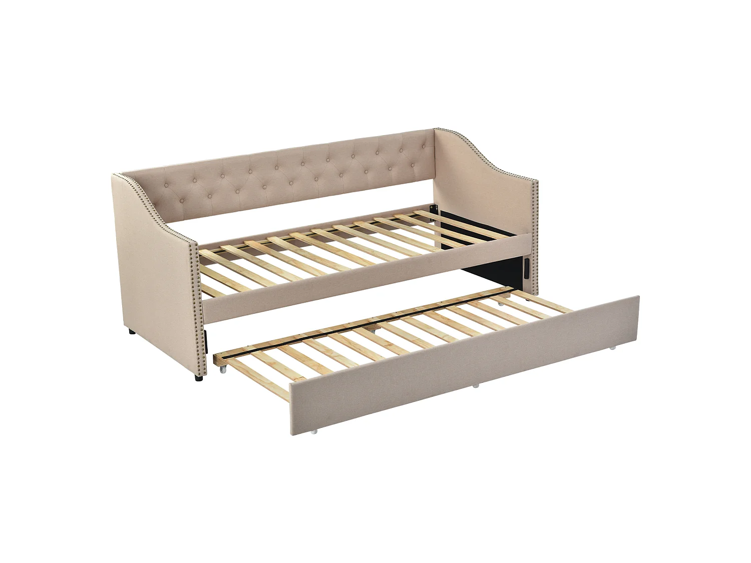 Uitschuifbare slaapbank 90/180 x 200 cm - Fluweel - Beige - Uitschuifbare slaapbank voor 2 personen - met lattenbodem - Gestoffeerd bedframe voor 2 personen