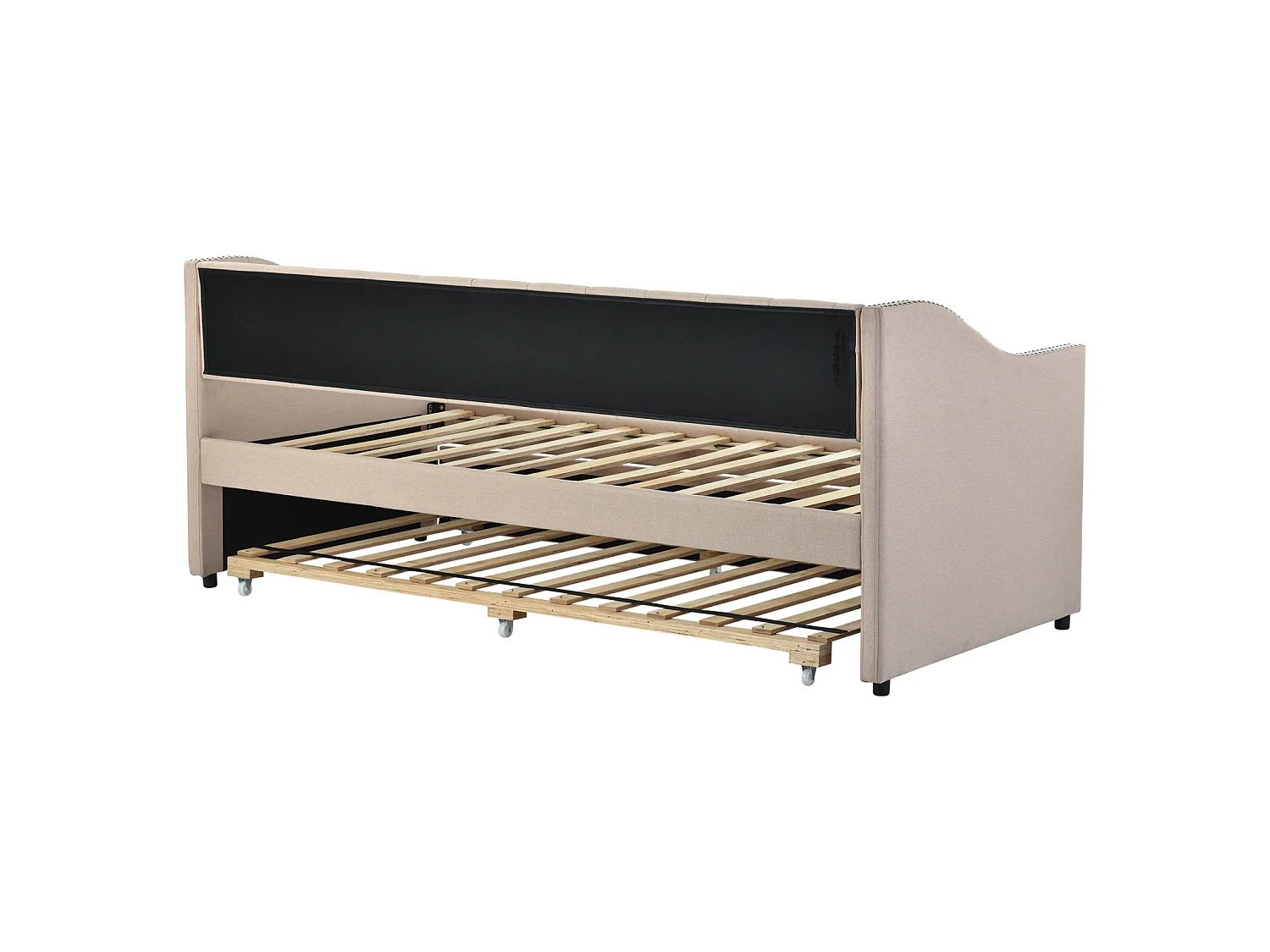 Uitschuifbare slaapbank 90/180 x 200 cm - Fluweel - Beige - Uitschuifbare slaapbank voor 2 personen - met lattenbodem - Gestoffeerd bedframe voor 2 personen