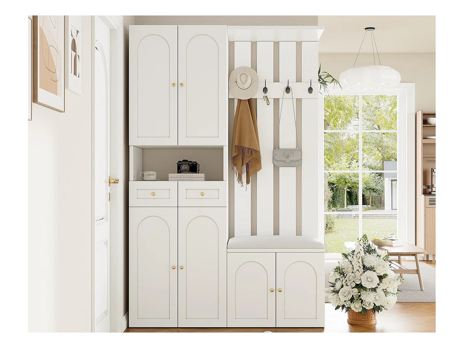 Vestiaire d'entrée moderne 180x37x110cm - avec 2 tiroirs et et 6 portes - avec banc à chaussures et meuble à chaussures - Blanc