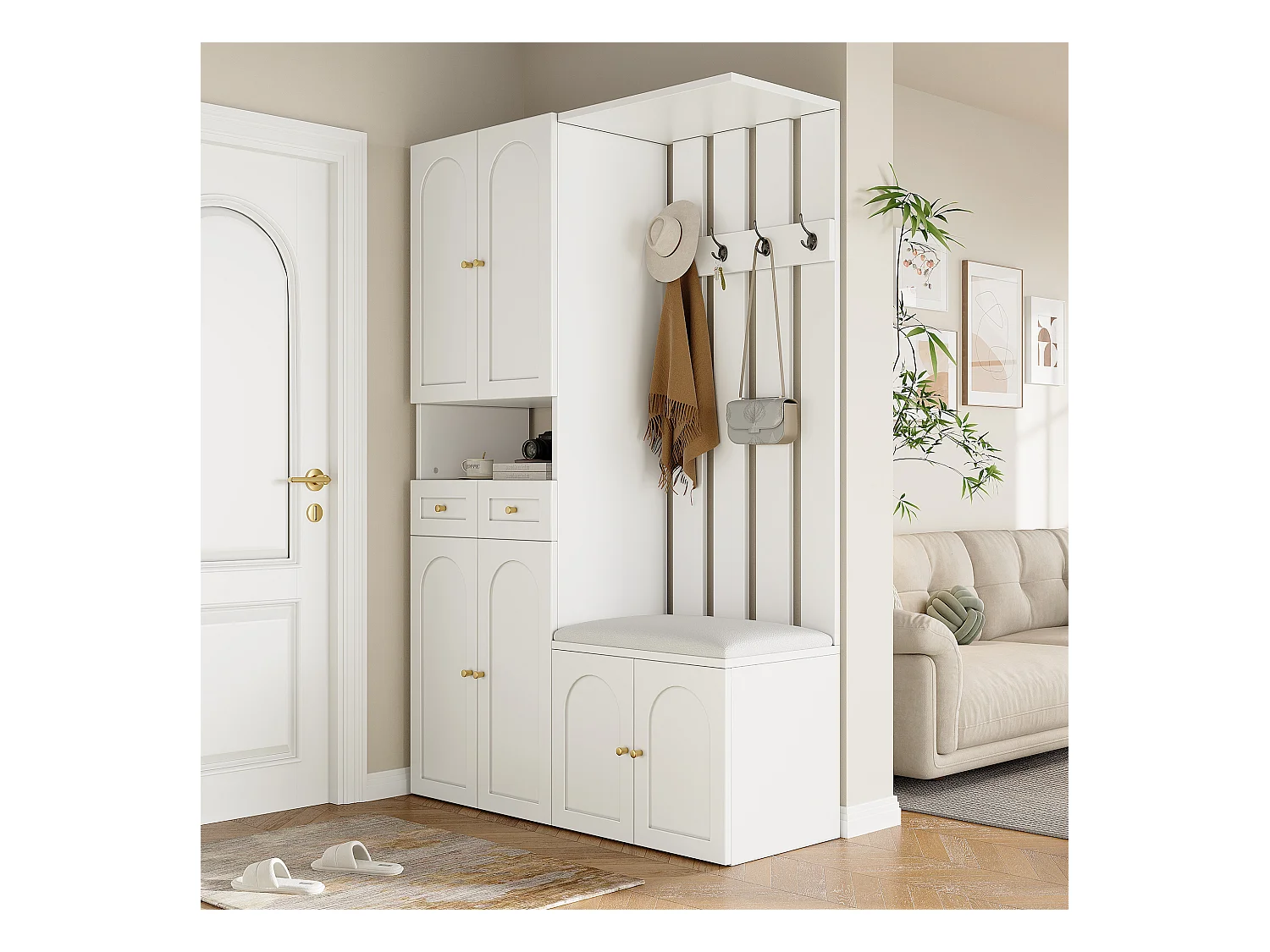 Vestiaire d'entrée moderne 180x37x110cm - avec 2 tiroirs et et 6 portes - avec banc à chaussures et meuble à chaussures - Blanc