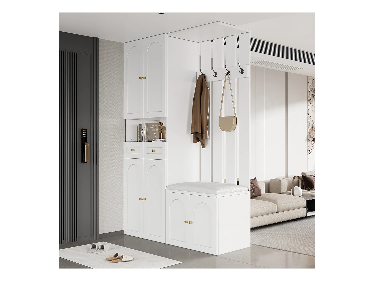 Vestiaire d'entrée moderne 180x37x110cm - avec 2 tiroirs et et 6 portes - avec banc à chaussures et meuble à chaussures - Blanc