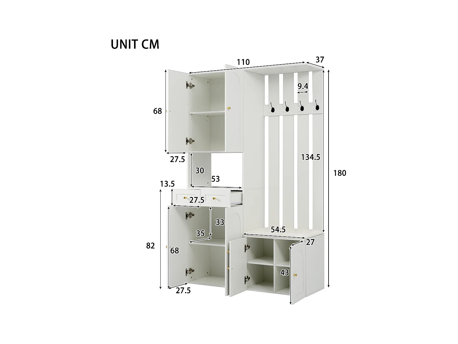 Vestiaire d'entrée moderne 180x37x110cm - avec 2 tiroirs et et 6 portes - avec banc à chaussures et meuble à chaussures - Blanc