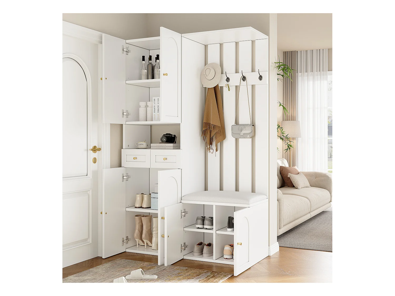 Vestiaire d'entrée moderne 180x37x110cm - avec 2 tiroirs et et 6 portes - avec banc à chaussures et meuble à chaussures - Blanc