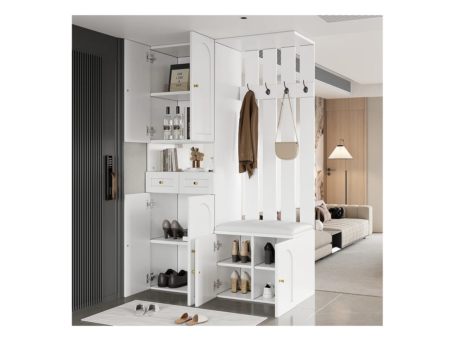 Vestiaire d'entrée moderne 180x37x110cm - avec 2 tiroirs et et 6 portes - avec banc à chaussures et meuble à chaussures - Blanc