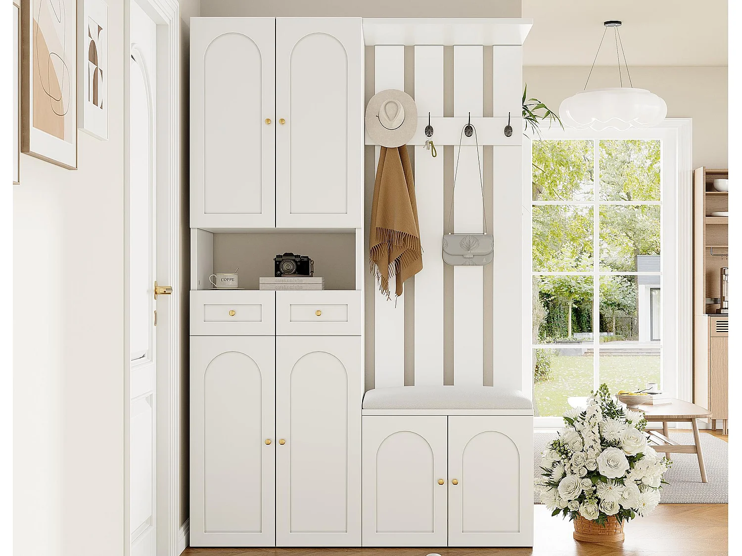 Vestiaire d'entrée moderne 180x37x110cm - avec 2 tiroirs et et 6 portes - avec banc à chaussures et meuble à chaussures - Blanc