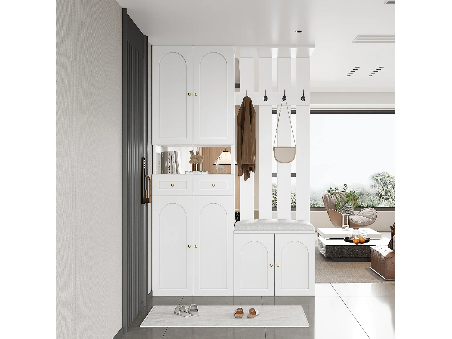 Vestiaire d'entrée moderne 180x37x110cm - avec 2 tiroirs et et 6 portes - avec banc à chaussures et meuble à chaussures - Blanc