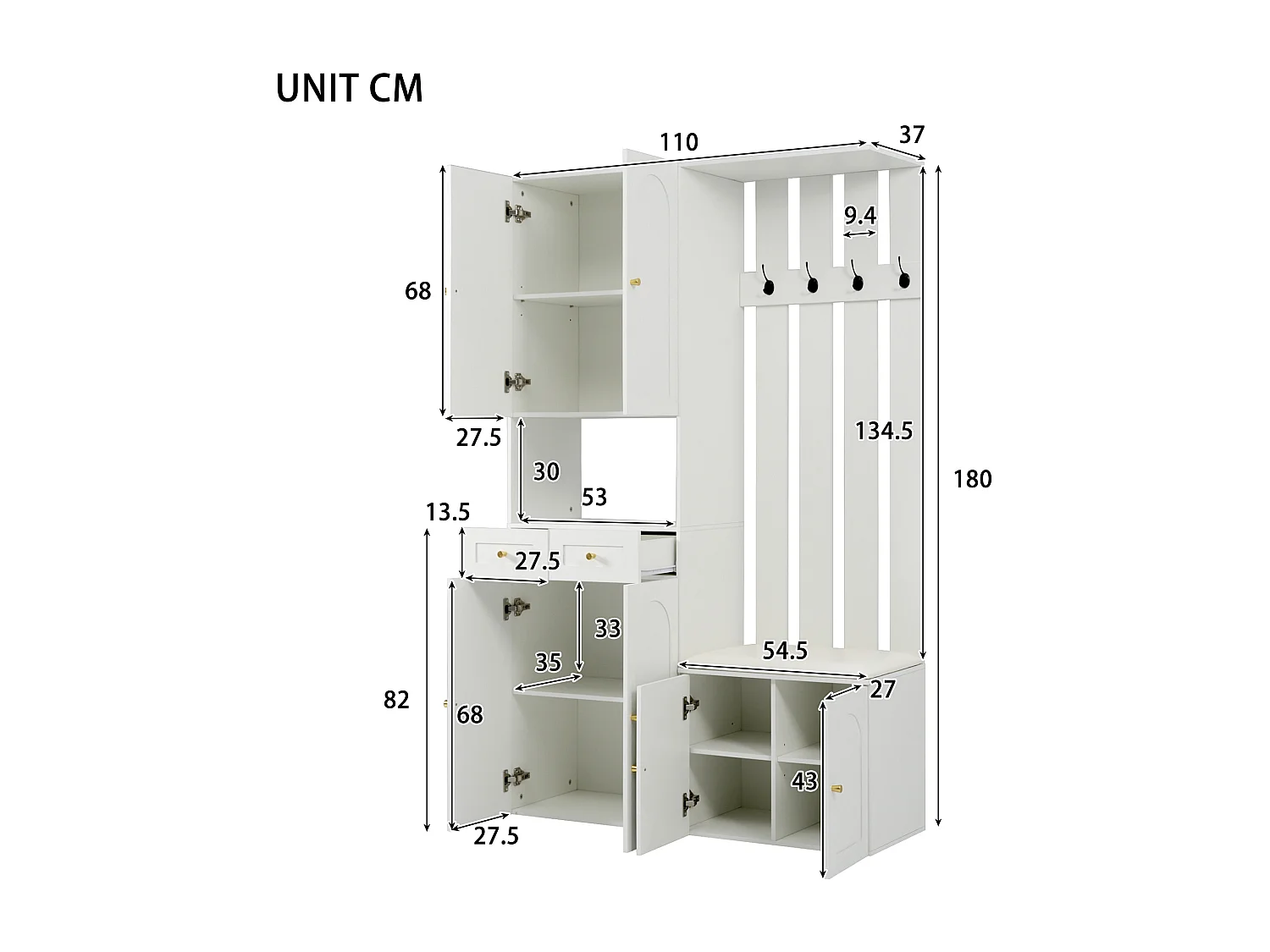 Vestiaire d'entrée moderne 180x37x110cm - avec 2 tiroirs et et 6 portes - avec banc à chaussures et meuble à chaussures - Blanc