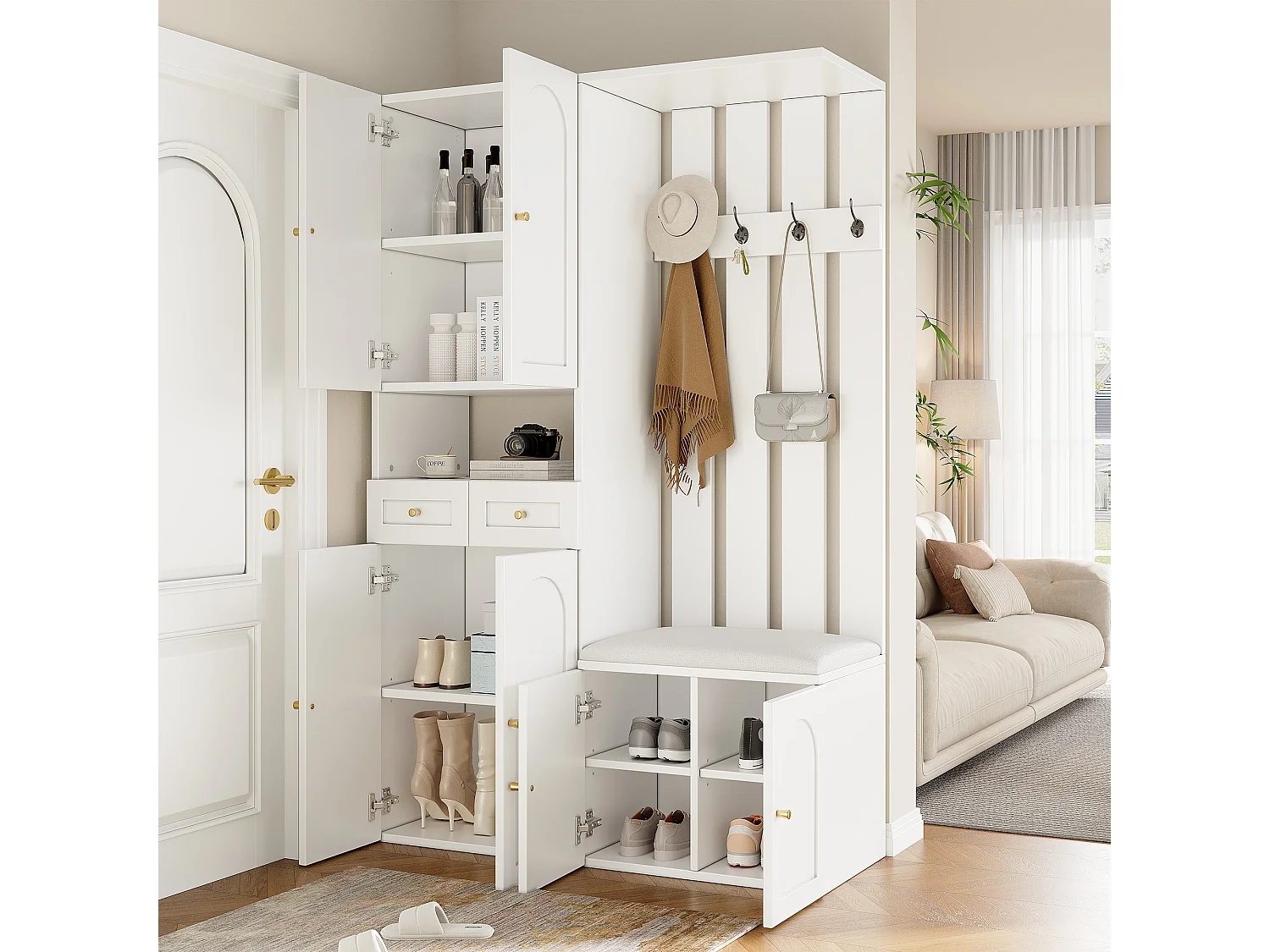 Vestiaire d'entrée moderne 180x37x110cm - avec 2 tiroirs et et 6 portes - avec banc à chaussures et meuble à chaussures - Blanc