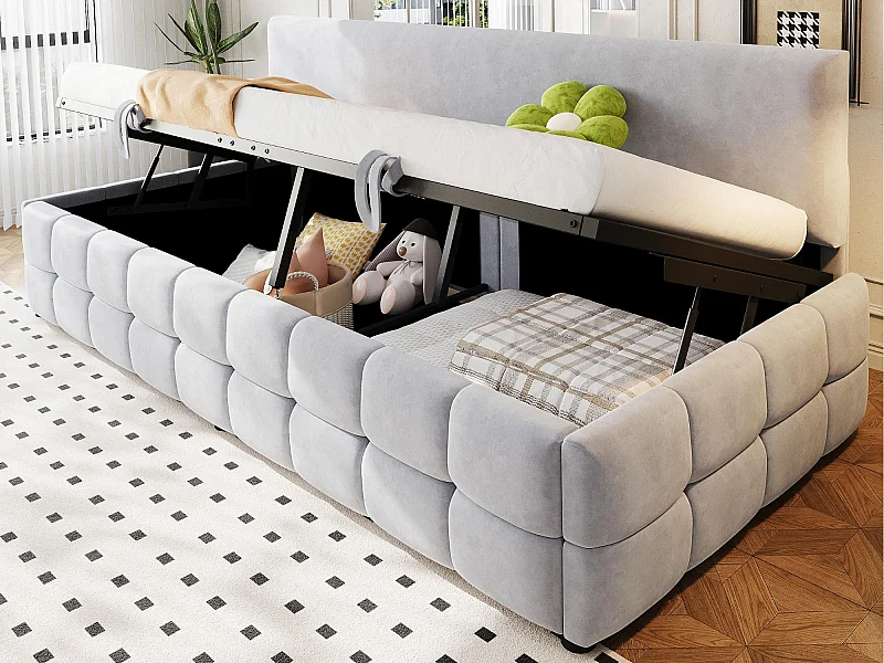 Schlafsofa mit Kasten 90x200 cm - Rückenlehne ohne Armlehnen - Samt - Hellgrau (Matratze nicht im Lieferumfang)