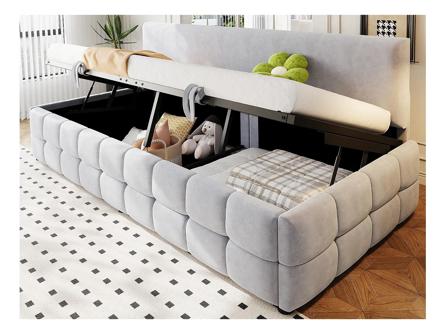 Kanapa z funkcją spania z pojemnikiem 90x200 cm - Oparcie bez podłokietników - Welur - ​​Jasnoszary​​ (materac nie jest dołączony)