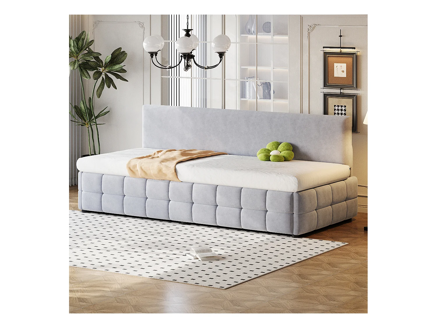 Kanapa z funkcją spania z pojemnikiem 90x200 cm - Oparcie bez podłokietników - Welur - ​​Jasnoszary​​ (materac nie jest dołączony)