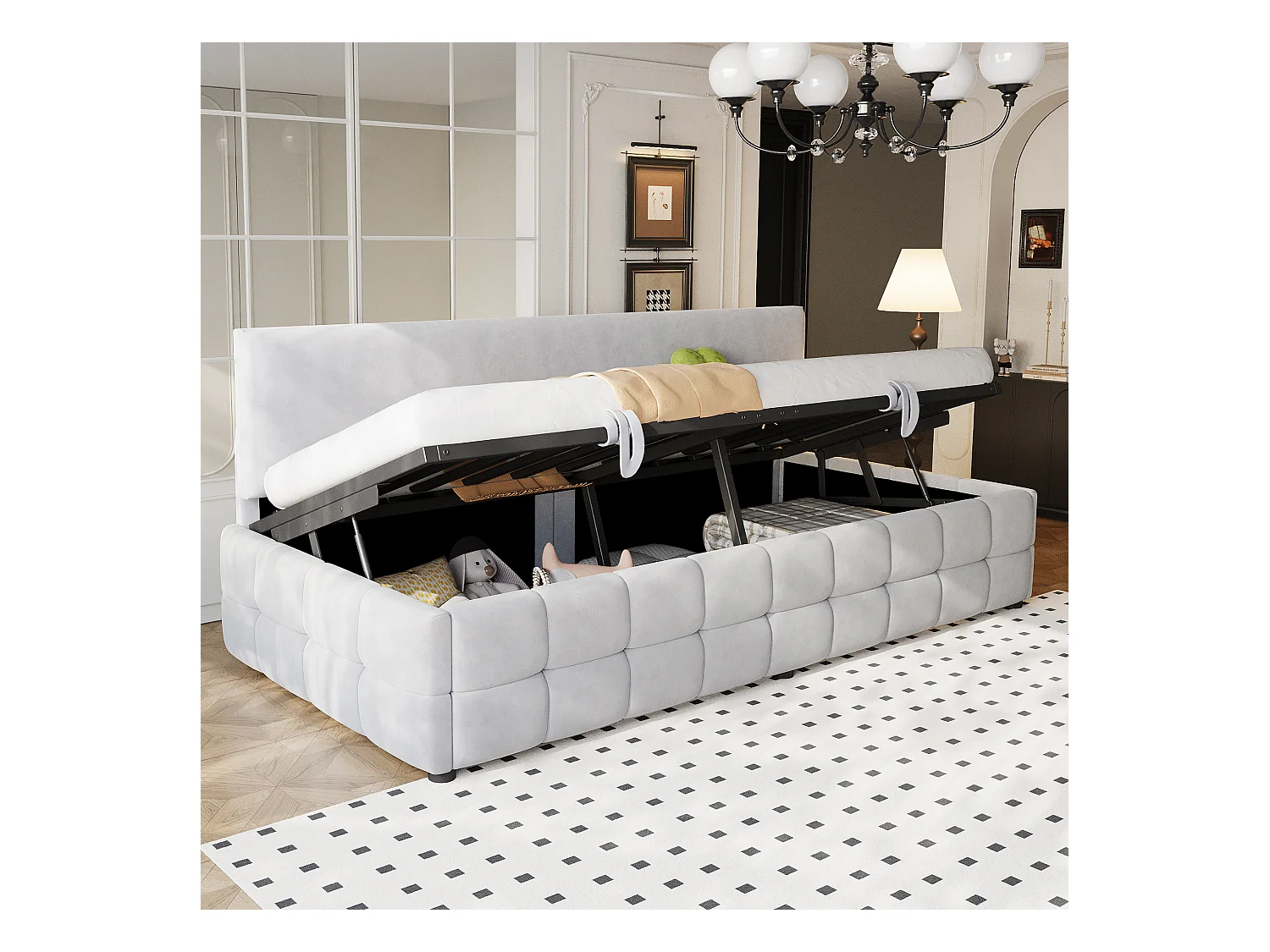 Kanapa z funkcją spania z pojemnikiem 90x200 cm - Oparcie bez podłokietników - Welur - ​​Jasnoszary​​ (materac nie jest dołączony)