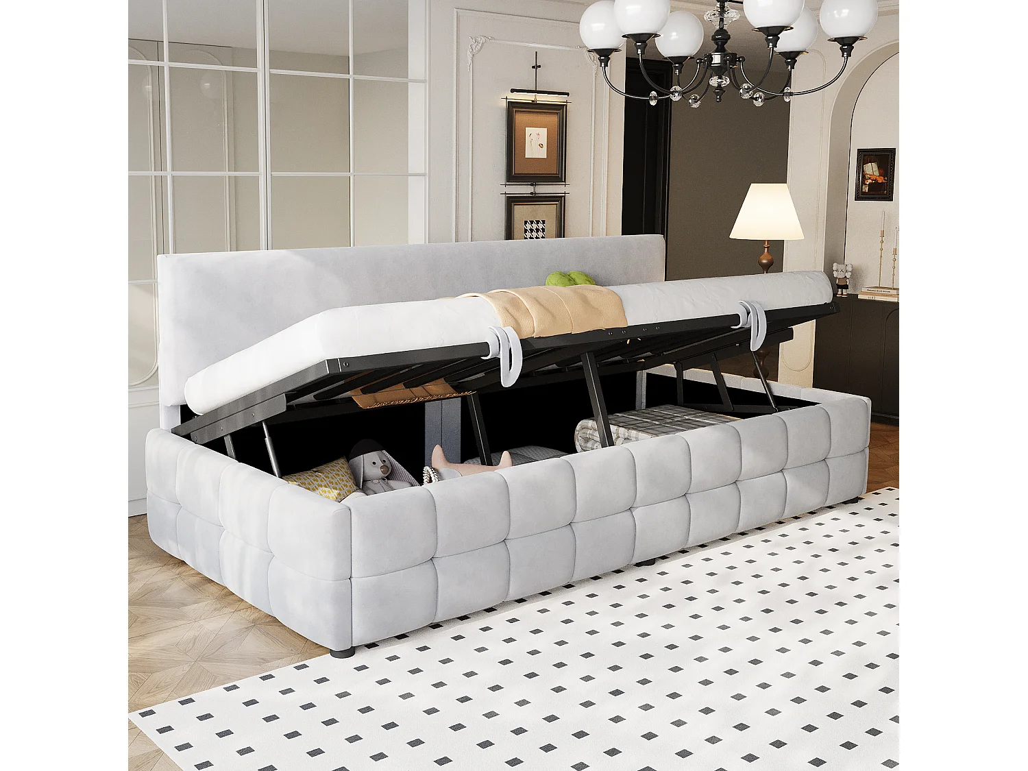 Divano letto con contenitore 90x200 cm - Schienale senza braccioli - Velluto - ​​Grigio chiaro​​ (materasso non incluso)