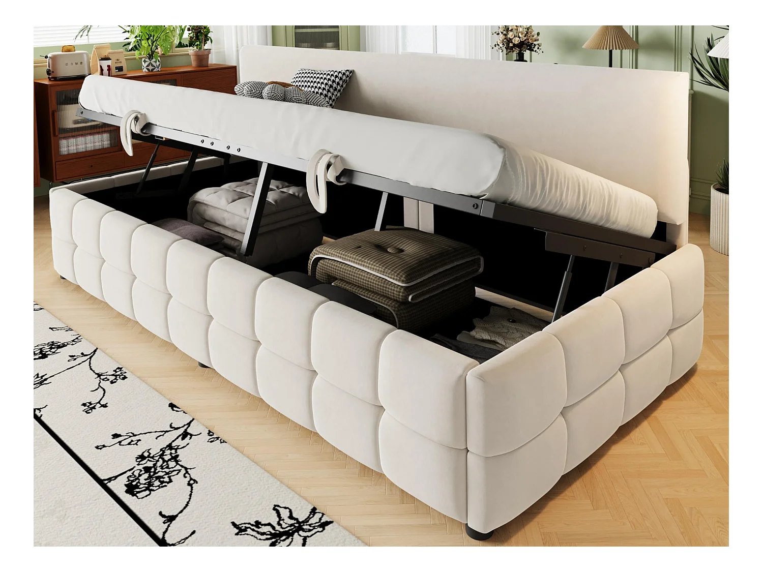 Kanapa z funkcją spania z pojemnikiem 90x200 cm - Oparcie bez podłokietników - Welur - ​​Beżowy​​ (materac nie jest dołączony)