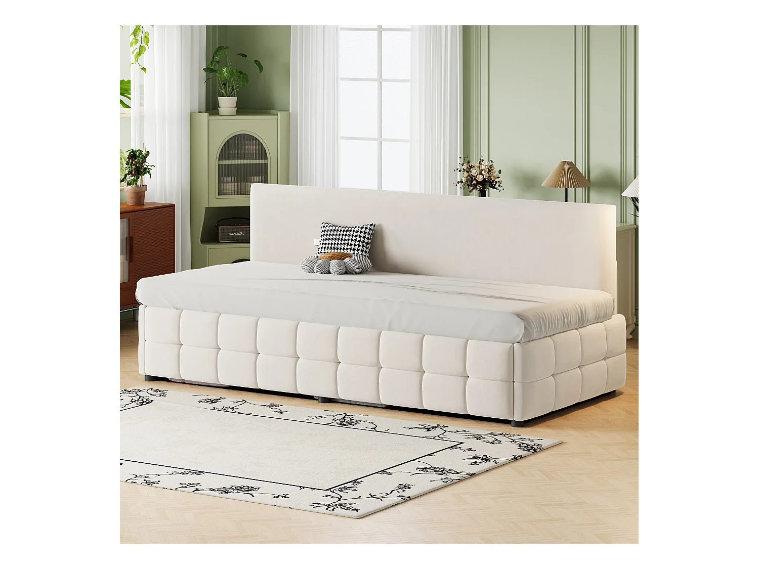 Kanapa z funkcją spania z pojemnikiem 90x200 cm - Oparcie bez podłokietników - Welur - ​​Beżowy​​ (materac nie jest dołączony)