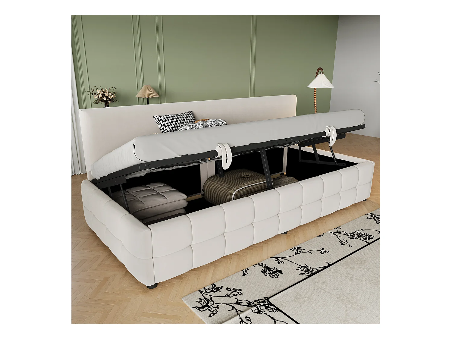 Kanapa z funkcją spania z pojemnikiem 90x200 cm - Oparcie bez podłokietników - Welur - ​​Beżowy​​ (materac nie jest dołączony)