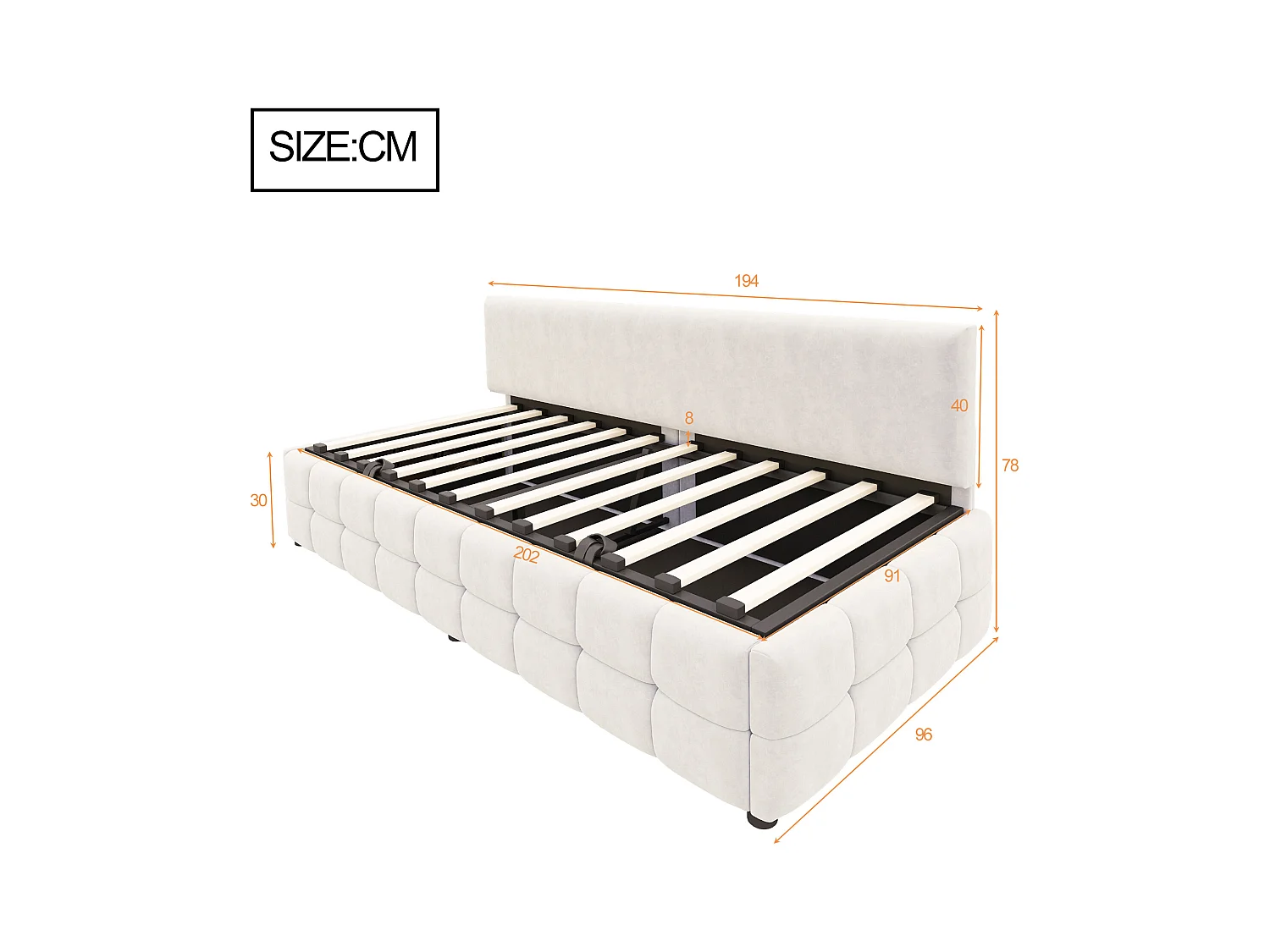 Kanapa z funkcją spania z pojemnikiem 90x200 cm - Oparcie bez podłokietników - Welur - ​​Beżowy​​ (materac nie jest dołączony)