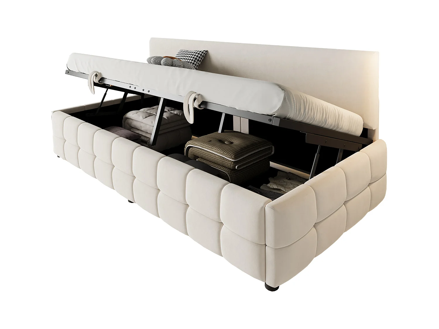 Kanapa z funkcją spania z pojemnikiem 90x200 cm - Oparcie bez podłokietników - Welur - ​​Beżowy​​ (materac nie jest dołączony)