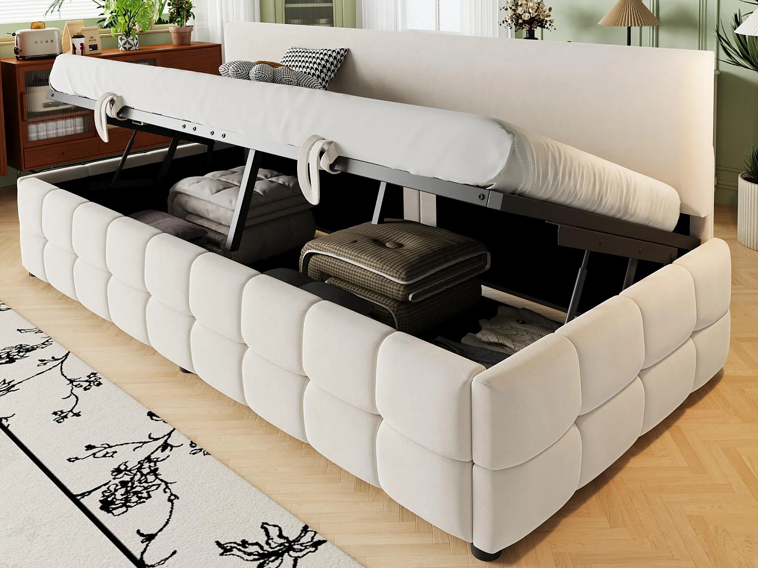 Divano letto con contenitore 90x200 cm - Schienale senza braccioli - Velluto - ​​Beige​​ (materasso non incluso)