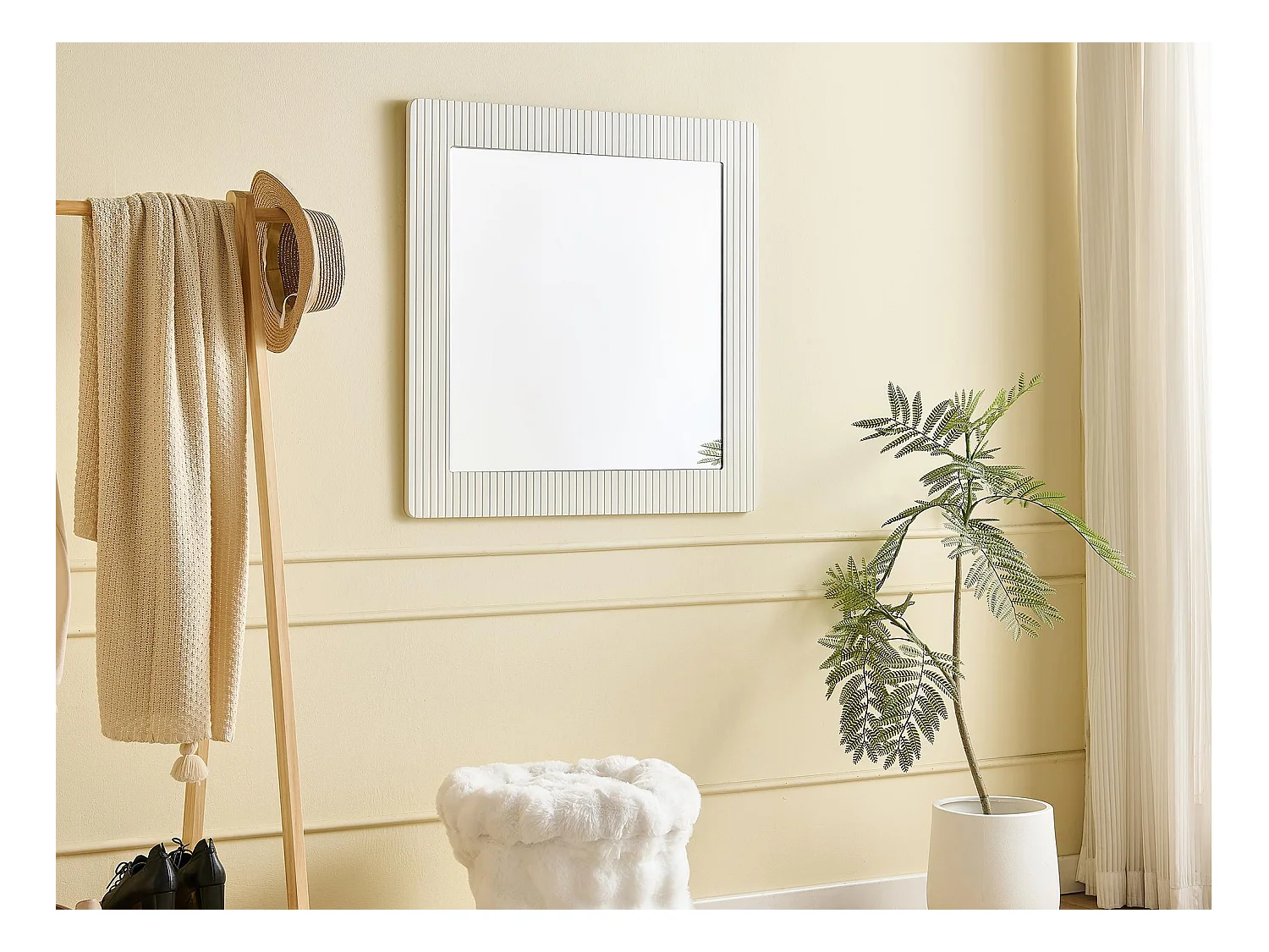 Miroir mural carré 80x80x1,5 cm - Cadre en bois - Miroir transparent - MDF - Blanc