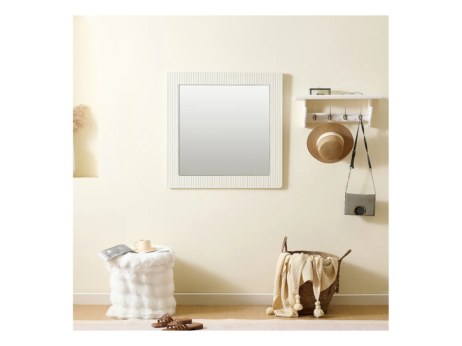 Miroir mural carré 80x80x1,5 cm - Cadre en bois - Miroir transparent - MDF - Blanc