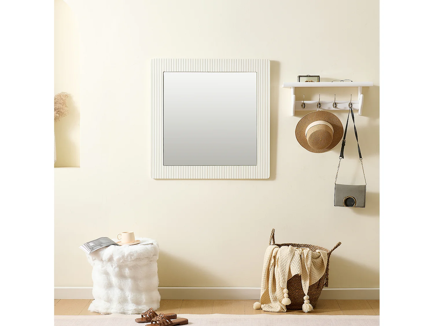 Miroir mural carré 80x80x1,5 cm - Cadre en bois - Miroir transparent - MDF - Blanc