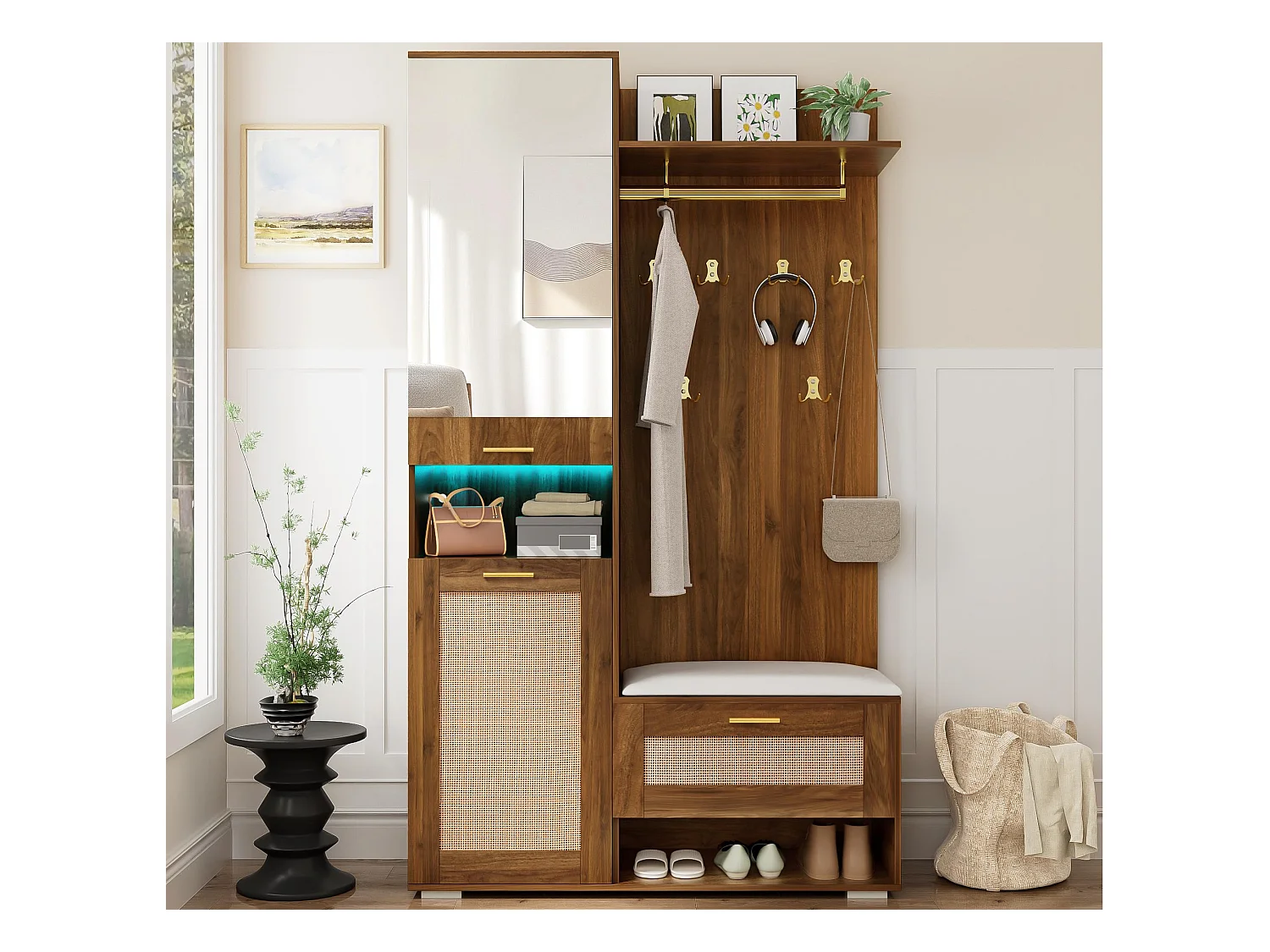 Ensemble vestiaire d'entrée 110x38x190cm - avec miroir et 6 patères - Meuble à chaussures et banc à chaussures - avec LED - Marron