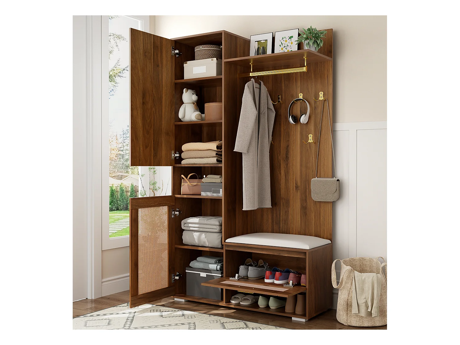 Ensemble vestiaire d'entrée 110x38x190cm - avec miroir et 6 patères - Meuble à chaussures et banc à chaussures - avec LED - Marron