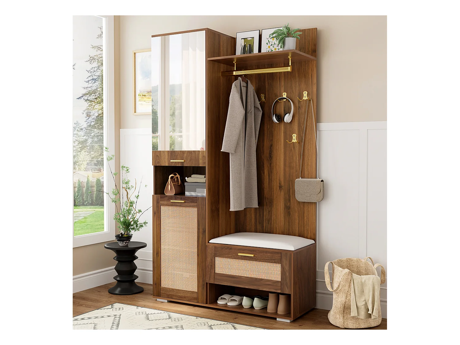 Ensemble vestiaire d'entrée 110x38x190cm - avec miroir et 6 patères - Meuble à chaussures et banc à chaussures - avec LED - Marron