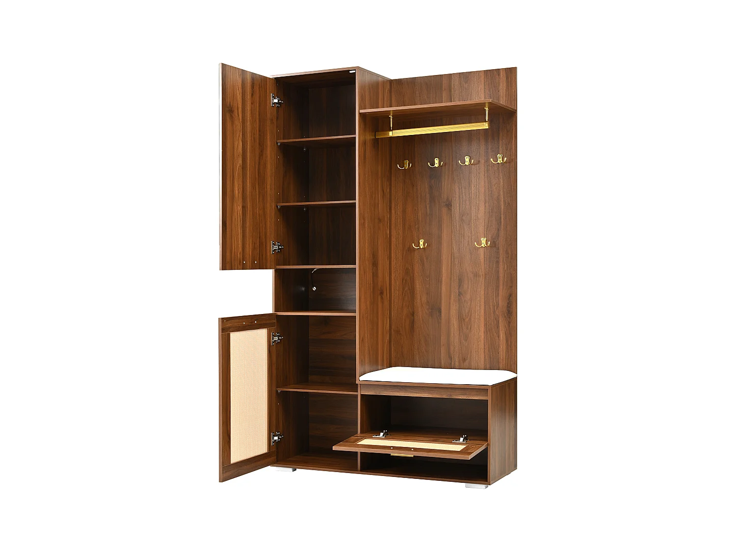 Ensemble vestiaire d'entrée 110x38x190cm - avec miroir et 6 patères - Meuble à chaussures et banc à chaussures - avec LED - Marron